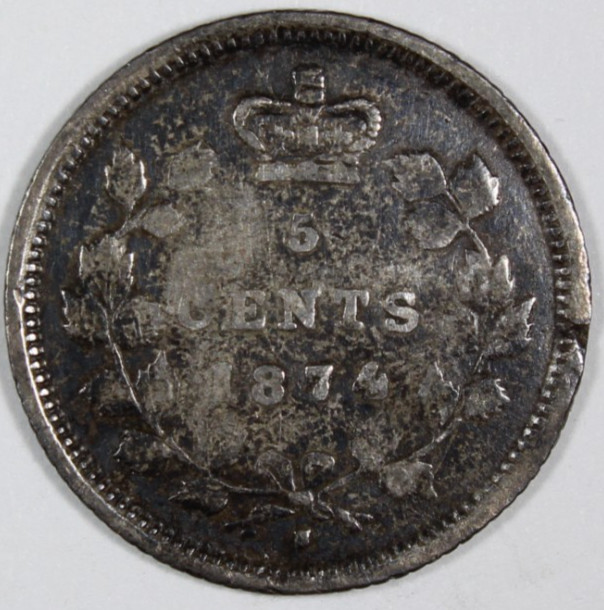 1874-H Crosslet "4" 5 Cent Canada 800,000 Mintage Fine Detail KM-2 Free Shipping