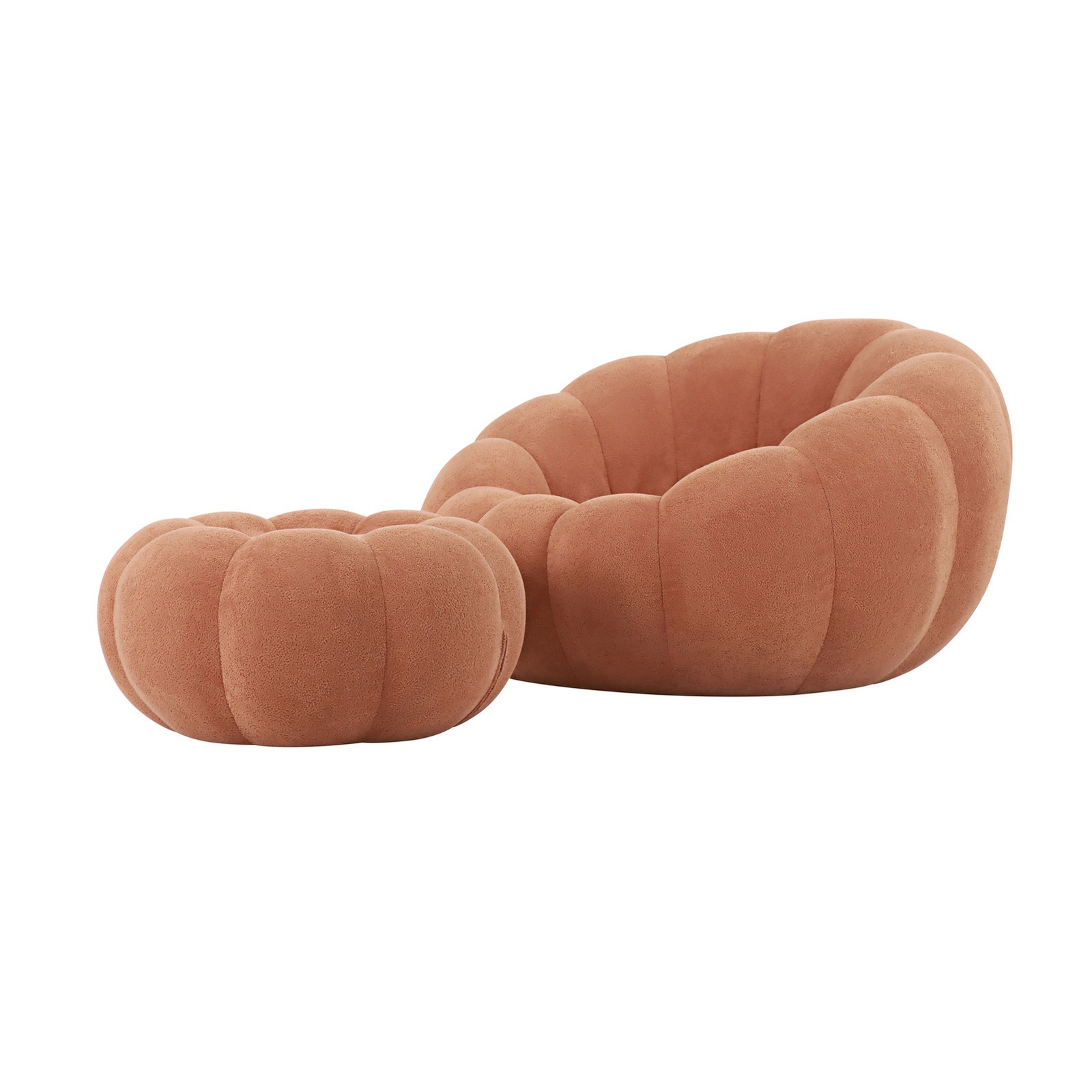 Pumpkin Shape Lounge Chair & Footstool - Brown