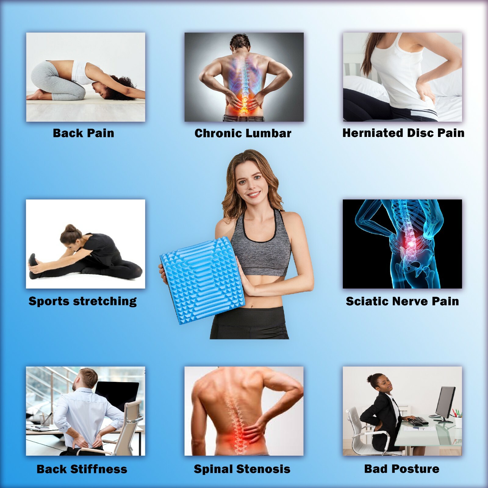 Back Stretcher Pillow - Back Pain Relief, Support for prolonged Sitting (Blue)