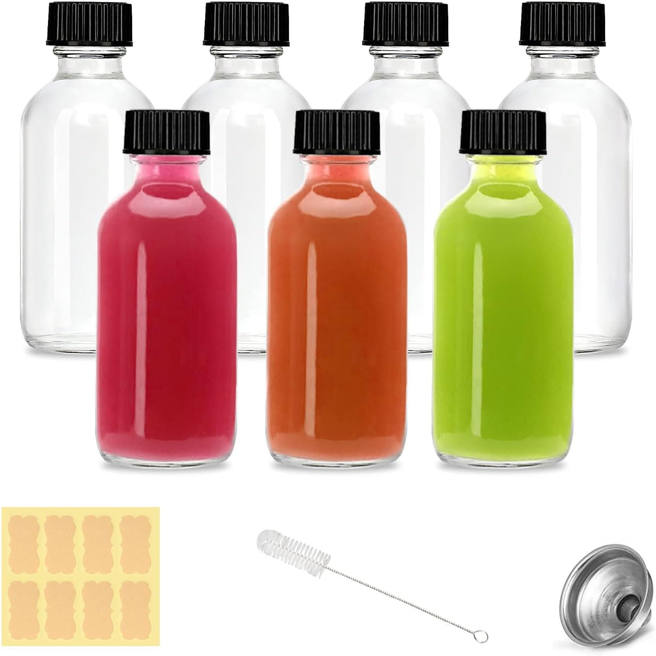 2 Oz Small Clear Glass Bottles with Lids 7 Pack Mini Shot Bottles for Juice Ging