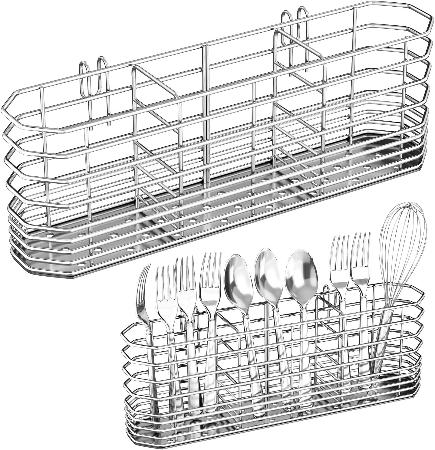 304 Stainless Steel Utensil Holder, Silverware Drying Rack with Hooks for Dish D