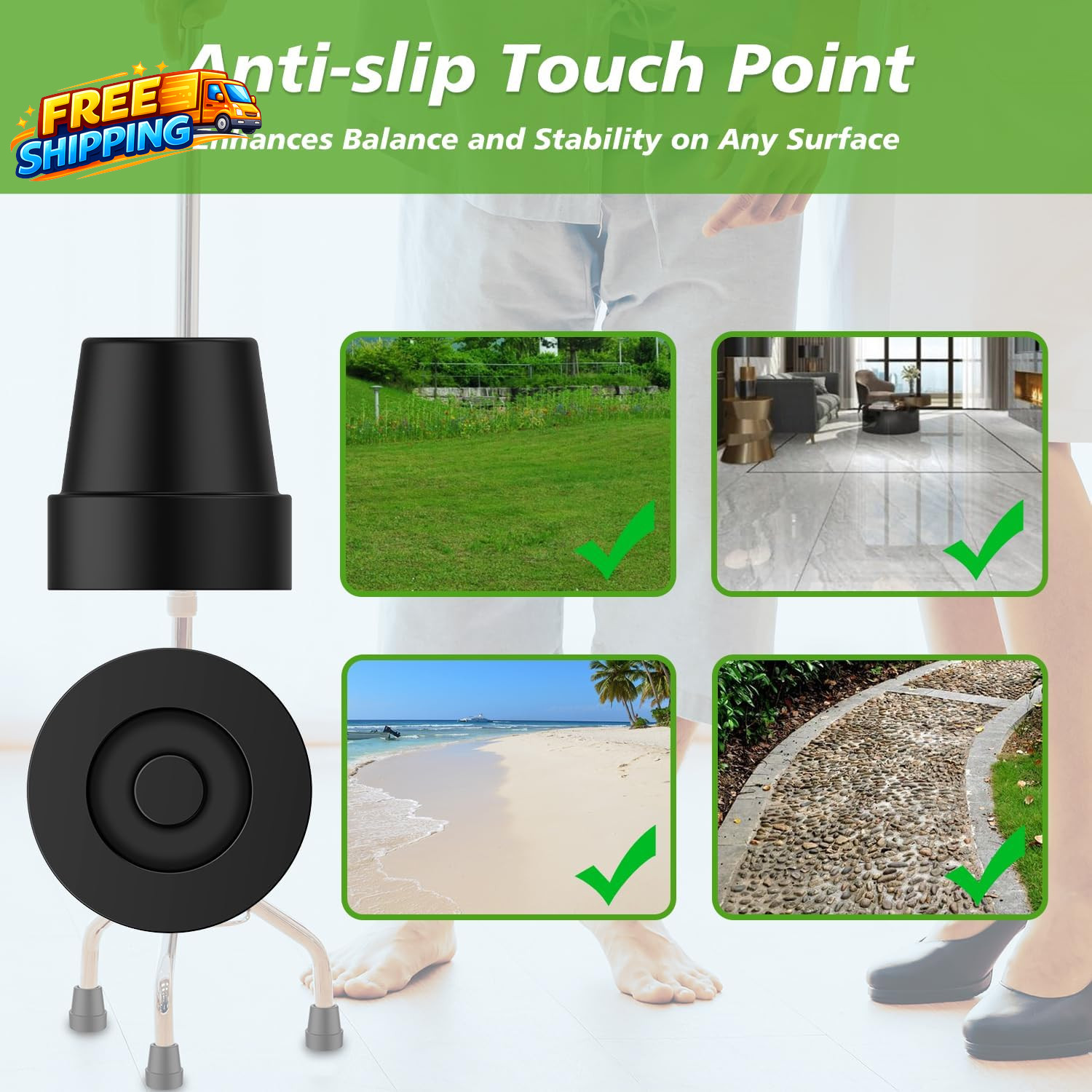 Quad Cane Tip (8 Pack), Non-Slip Durable Rubber Cane Tip 1/2 Inch Replacement Ru