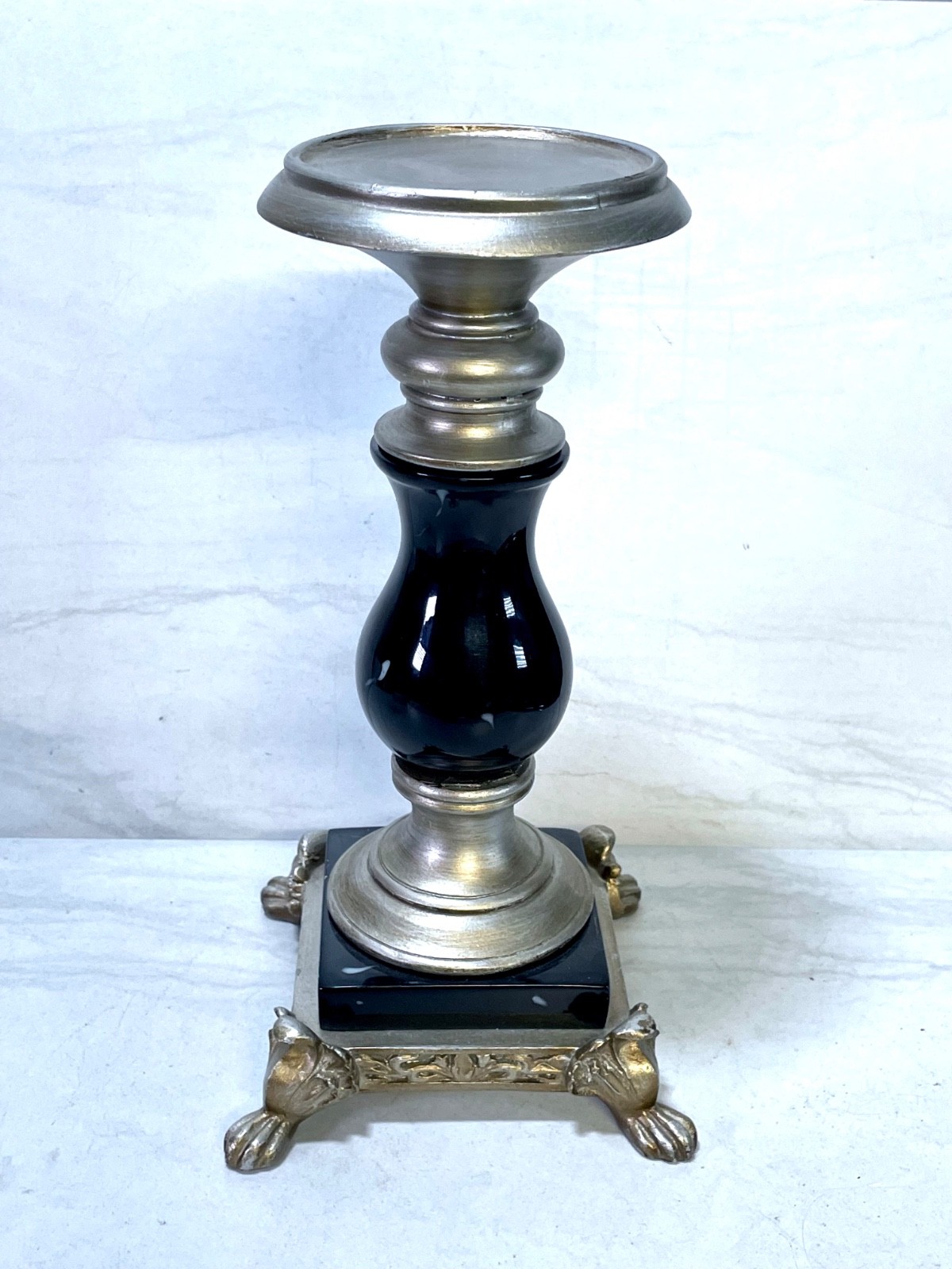 Vintage Ornate Faux Marble Pillar Candle Holder - Black & Silver 10" Urn Style