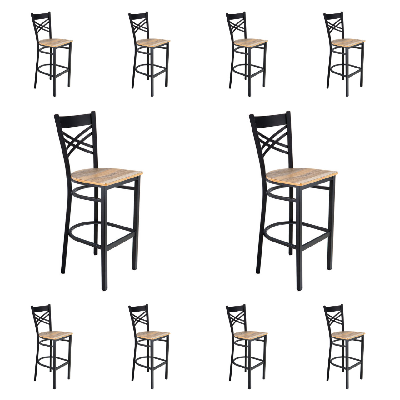 10 PACK Black Cross Back Metal Restaurant Bar Stool With Driftwood Wood Seat