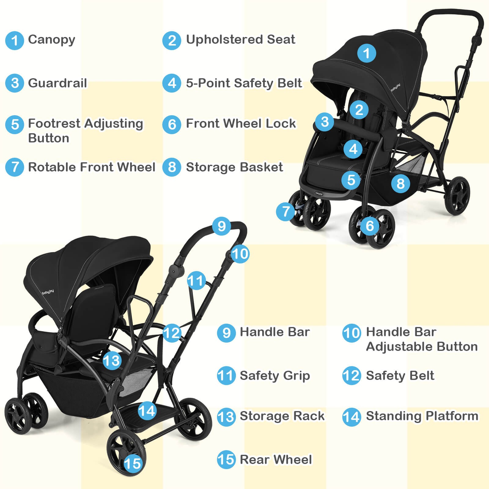 Sit & Stand Double Stroller w/Adjustable Handle Bar Backrests Footrest Canopies