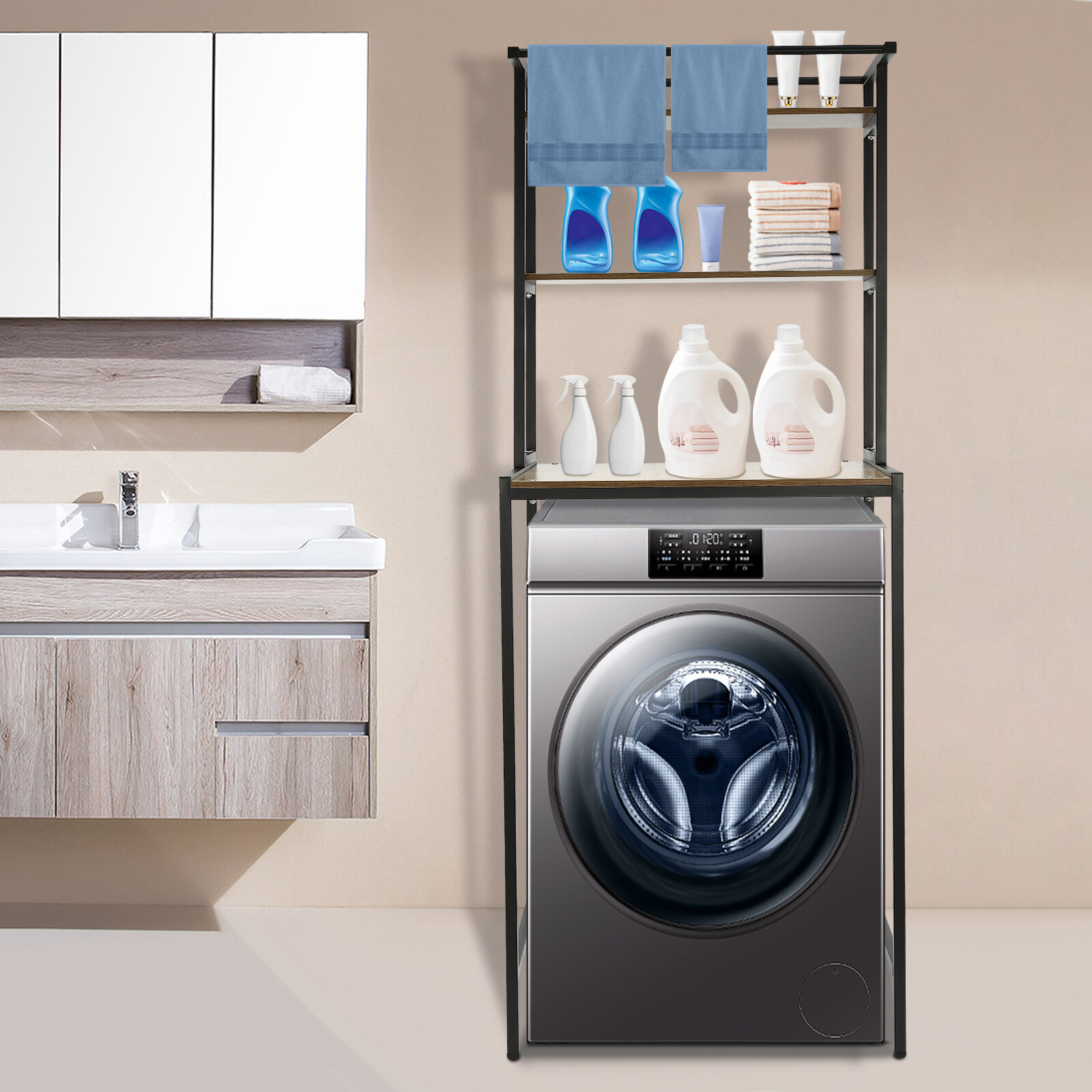 3 Tiers Clothes Drying Rack Modern Washer and Dryer Storage Shelf Floor Mount