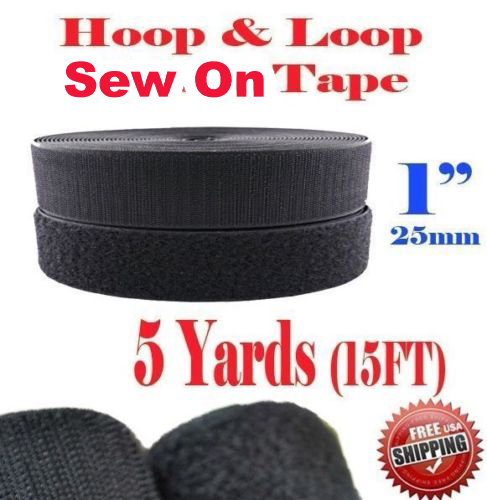 1"  Black 5 Yards 15 Ft Sew-on Hook & Loop Tape Fastener Tape Sew On 25mm