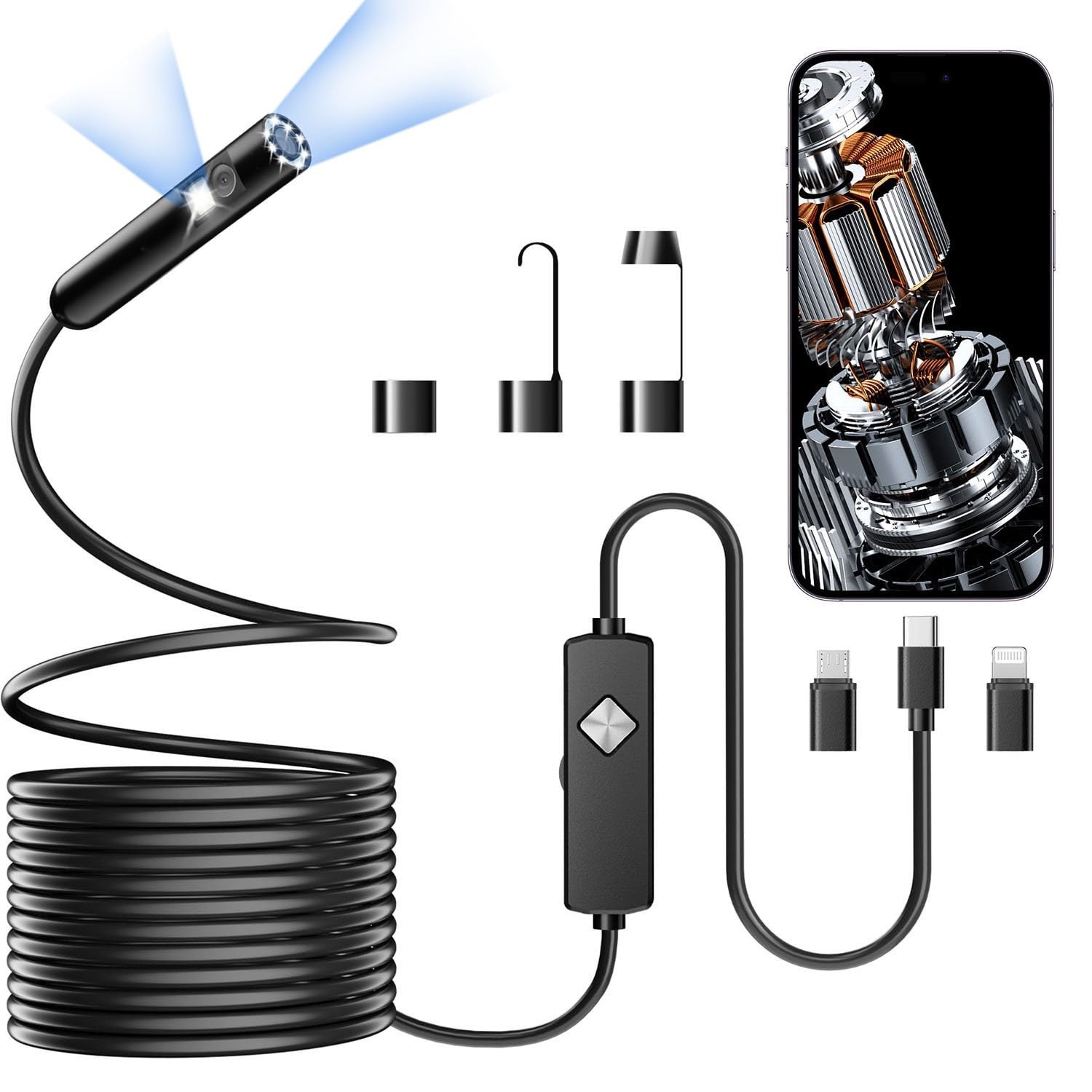 1920P HD Endoscope Camera with 8 LED Lights, Waterproof Borescope, 16.4FT Snake