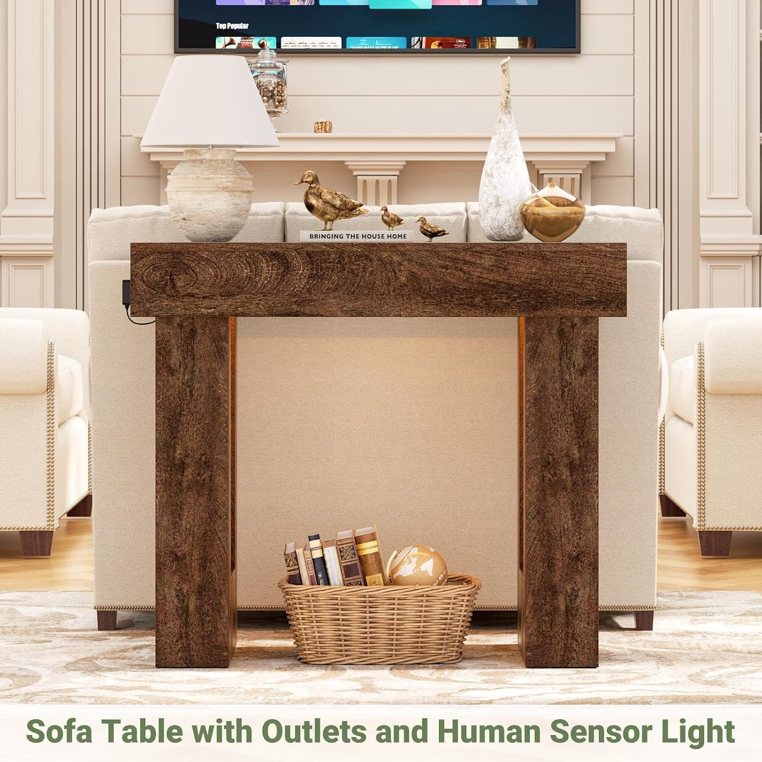 39" Entry Table with Power Outlet & Sensor Light, Rustic Oak | Narrow Foyer Tabl