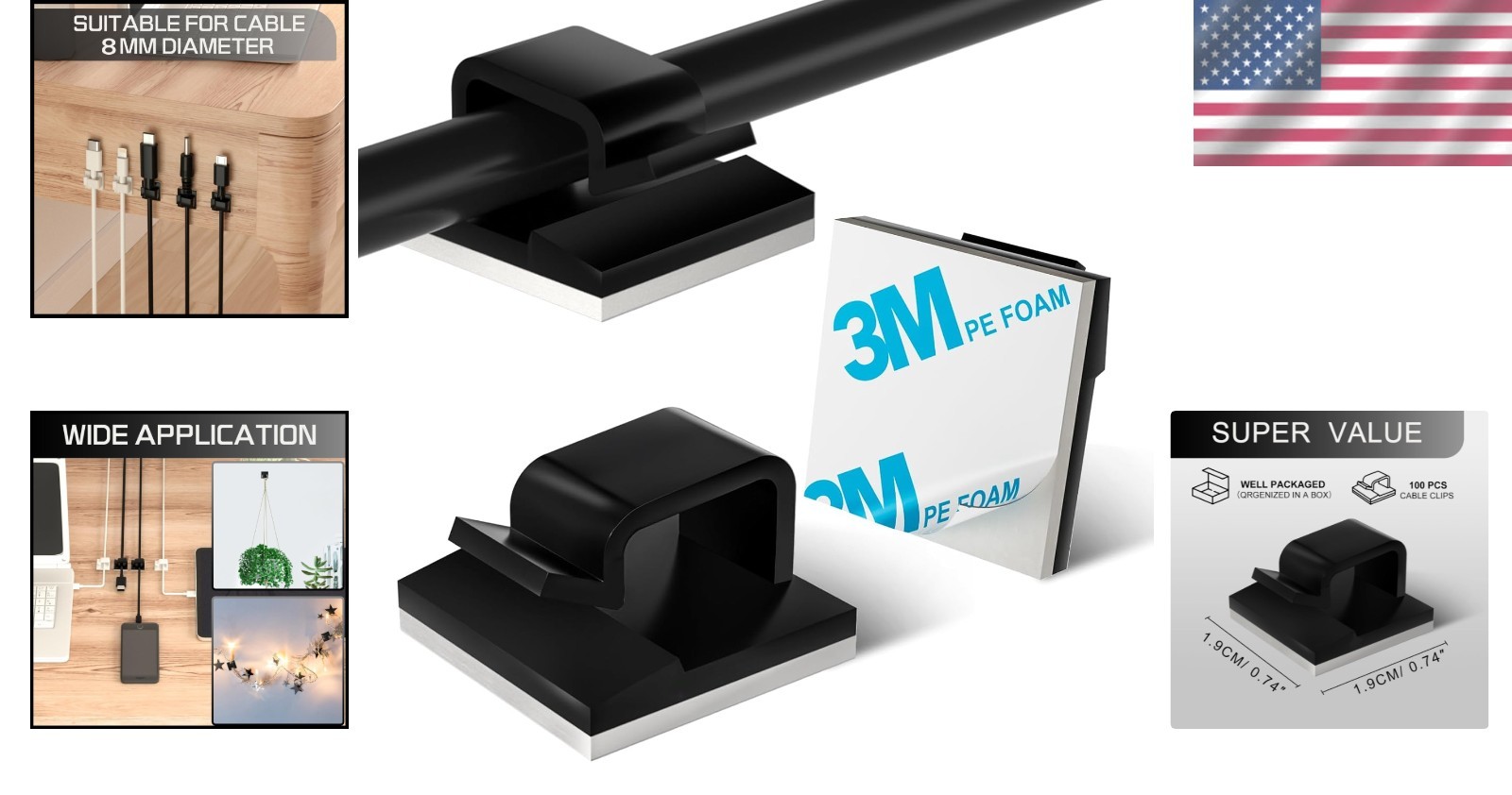 Multi-Purpose Adhesive Cable Holders - Black, 100PCS