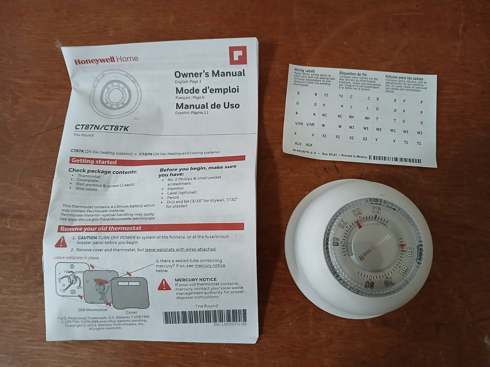 Honeywell CT87K Thermostat with Manual, NOB