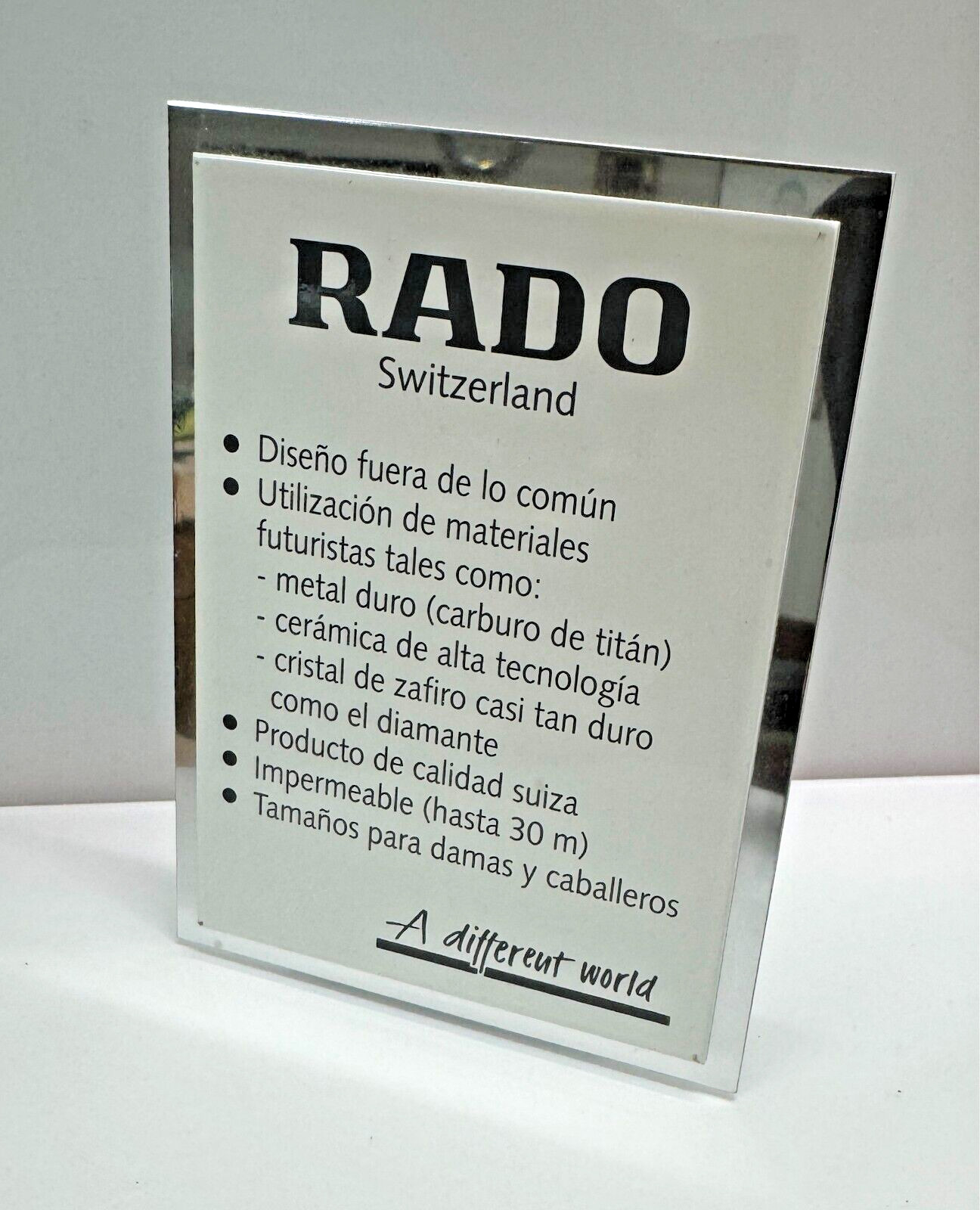 RADO Switzerland Metal Plaque Display (Spanish) - For Collectors