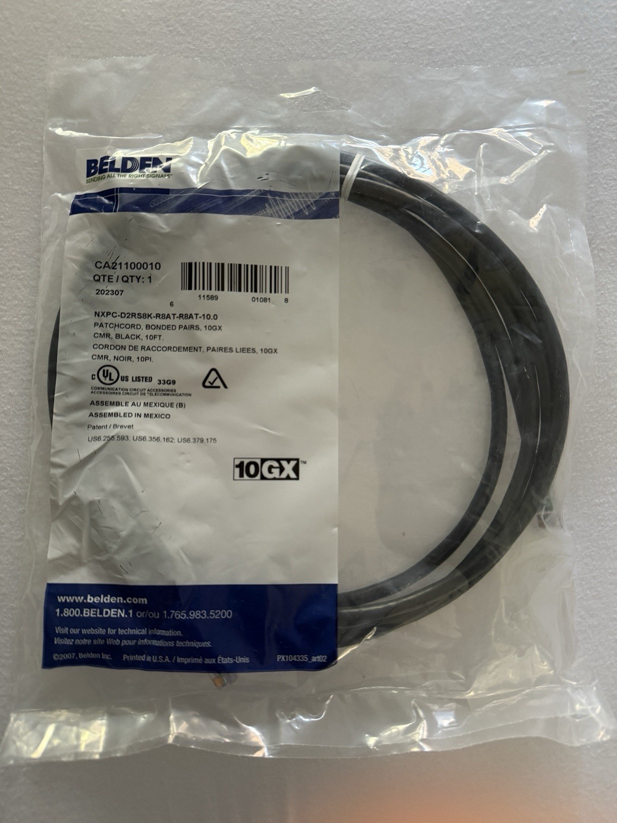 Belden CA21100010 10 FT RJ45 Cat6A Bonded Pair Patchcord ~ 10GX CMR Black
