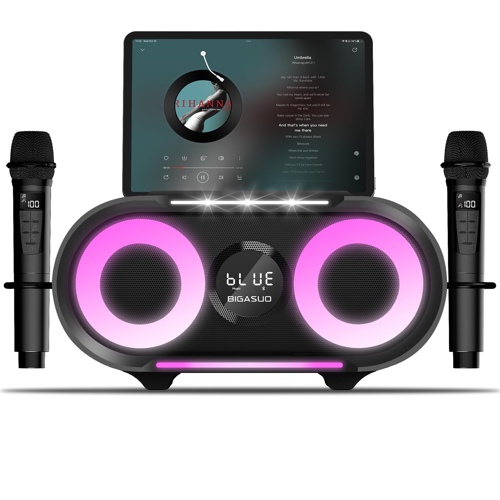 Karaoke Machine with Rich Deep Bass Explosive Flashing Lights for Adults Port...