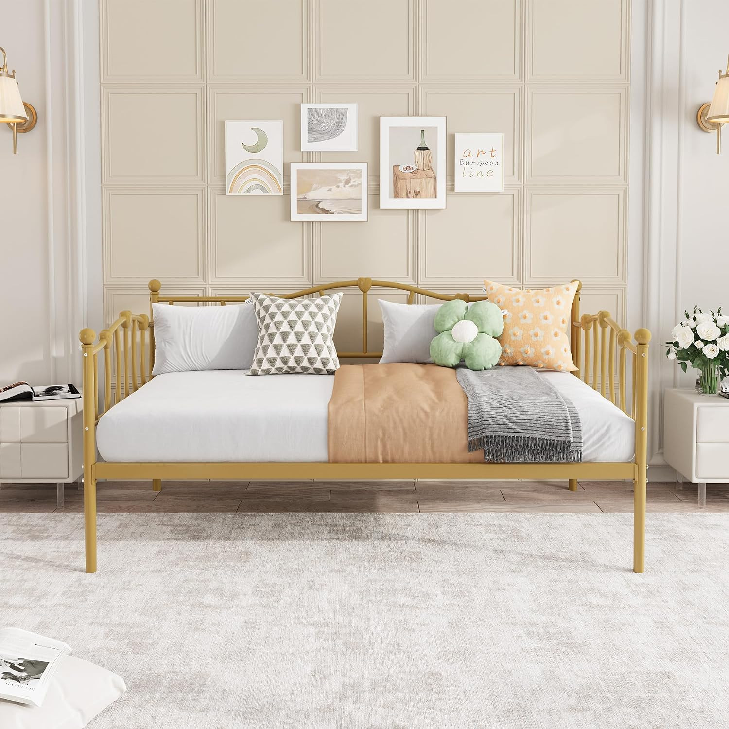 Twin Daybed with Trundle, Metal Sofa Bed Frame with Steel Slat Support, Twin Siz