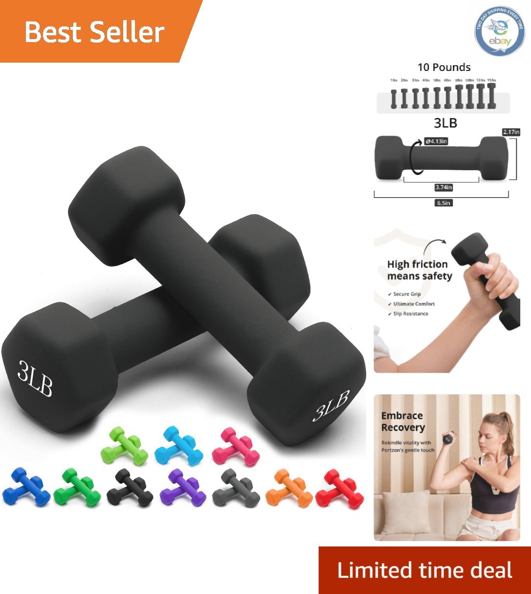 Hex Shaped Neoprene Dumbbells: 2 Piece Set, 1-15 LB, Perfect for All Workouts