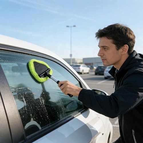 Microfiber Car Windshield Cleaning Tool with Extendable Handle,Car green