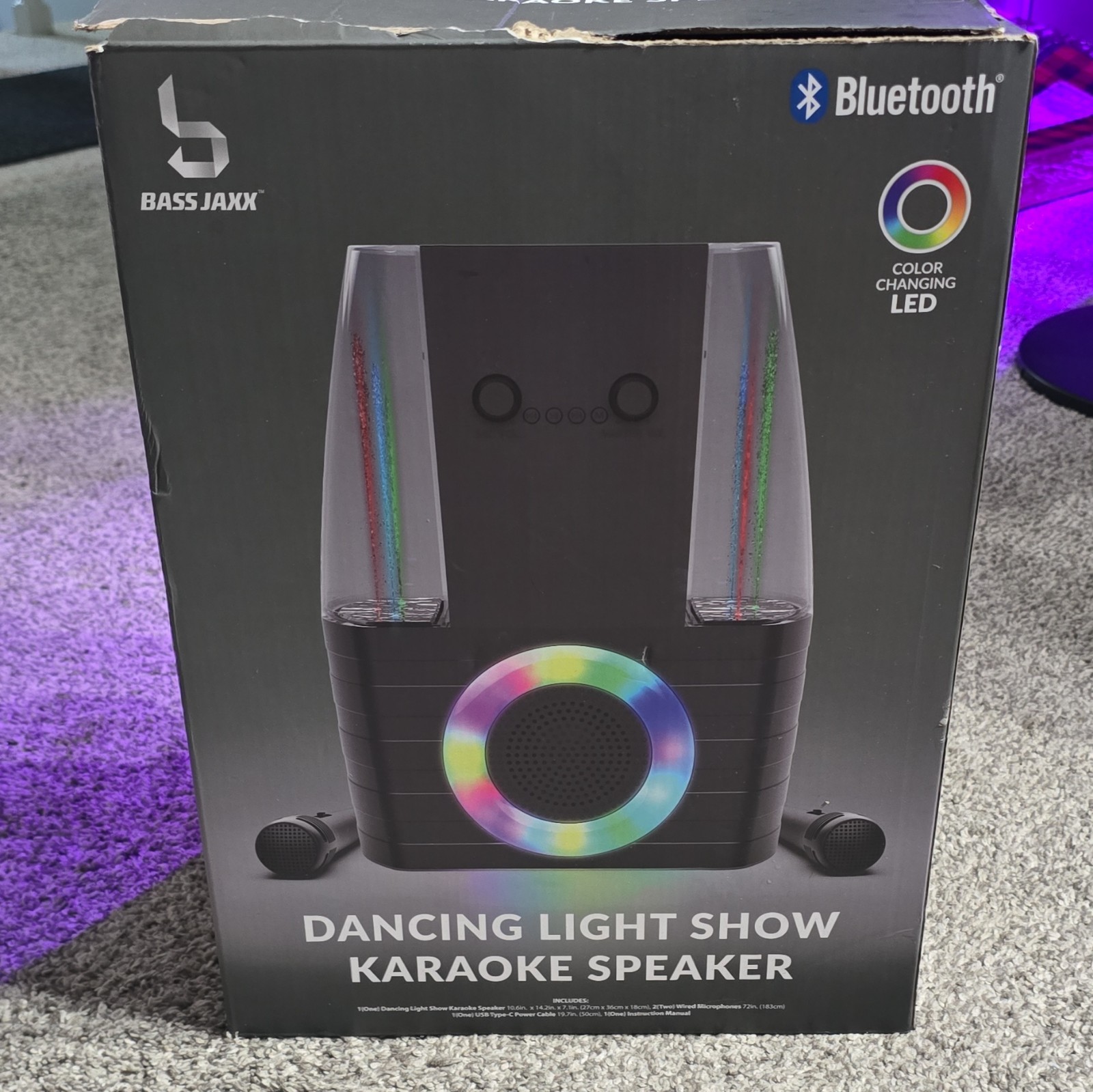 Bass Jaxx Karaoke Speaker Bluetooth Color-Changing LED 2 Mics Black KM-0002
