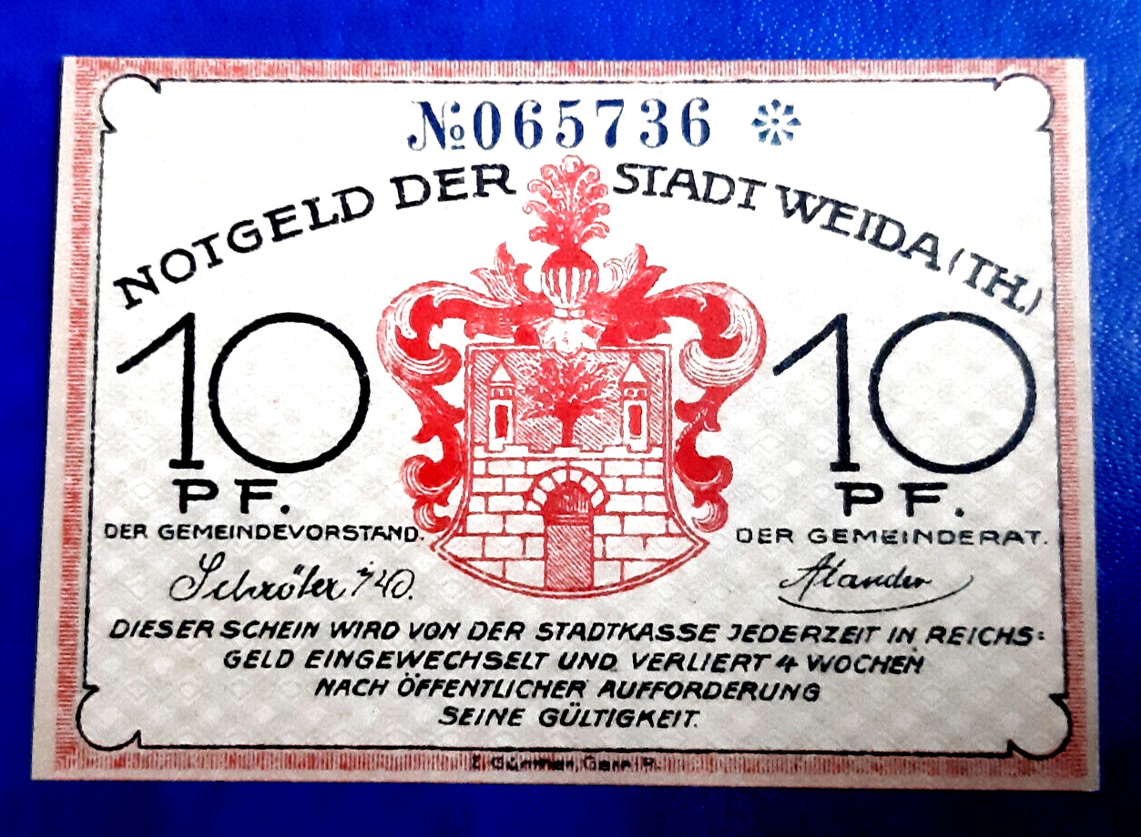 WEIDA NOTGELD 10 PFENNIG 1921 EMERGENCY MONEY GERMANY BANKNOTE (26938)