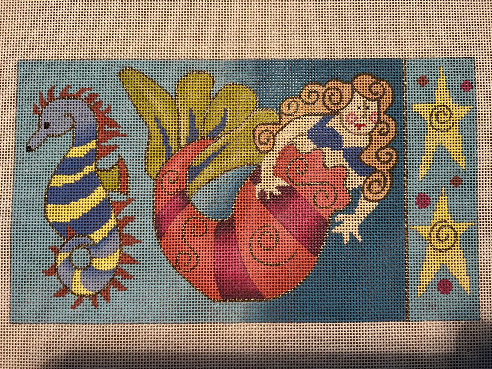 MM Designs Mermaid Seahorse hand painted needlepoint 18 mesh 9" x 5"