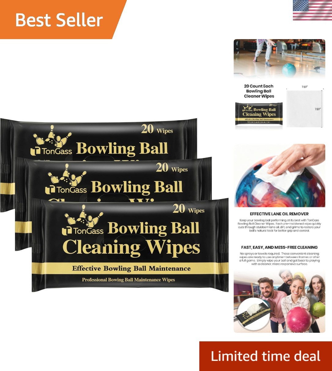 Bowling Ball Cleaning Wipes - Safe on All Ball Materials, 60 Count