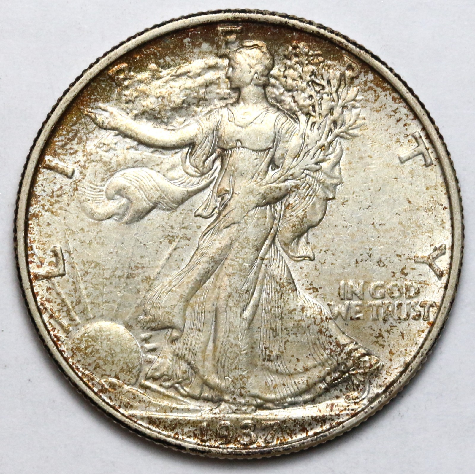 1937 50c Walking Liberty Silver Half Dollar - RAW - Great Looking Coin / Toned