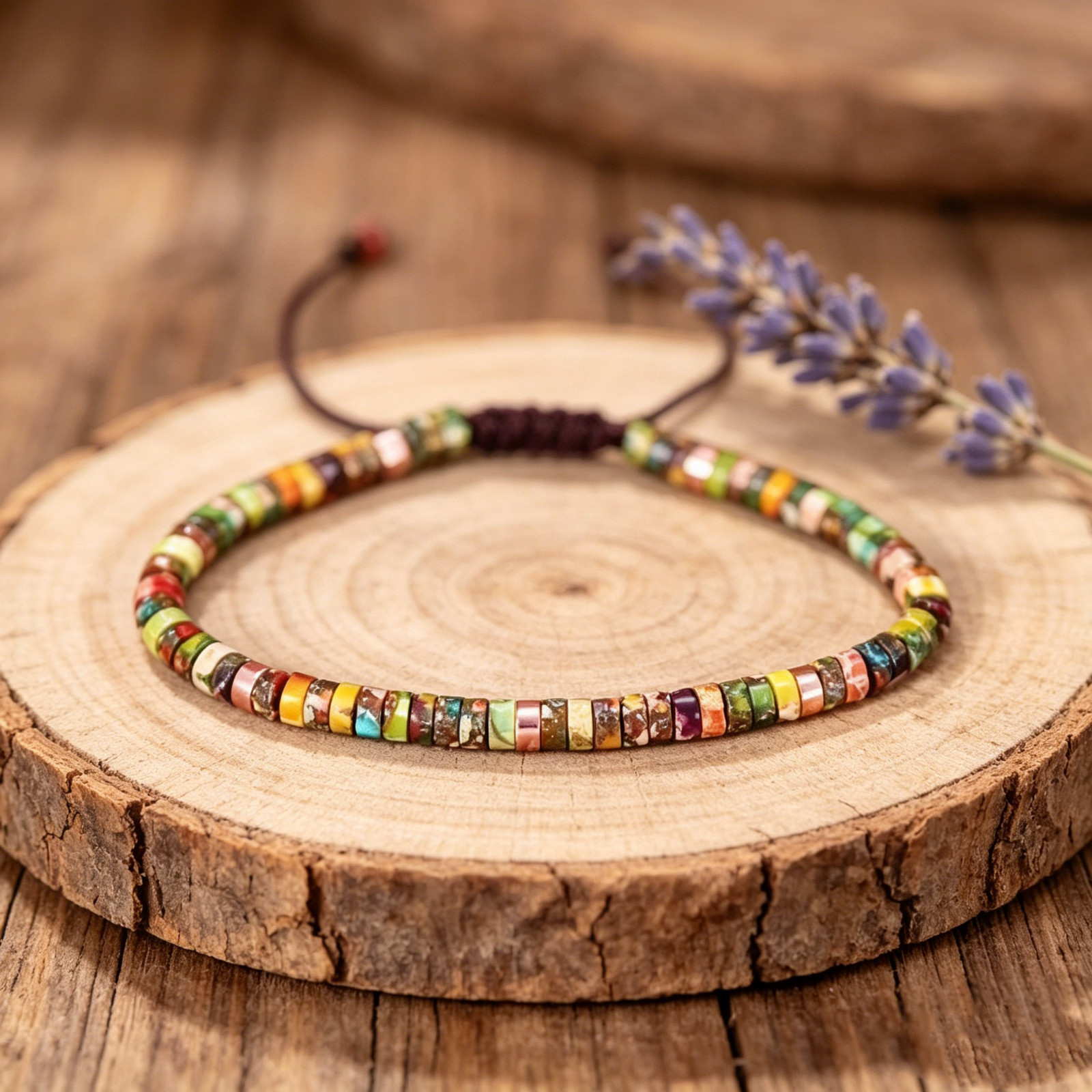 Natural Multicolor Sea Sediment Jasper Heishi Beads Adjustable Bracelet