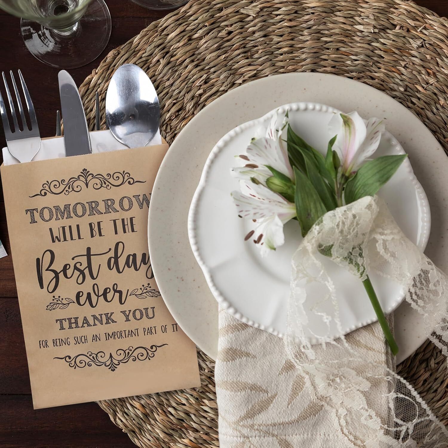 Whaline 100Pcs Wedding Silverware Bags 5 x 7 Inch Rustic One Size, Brown