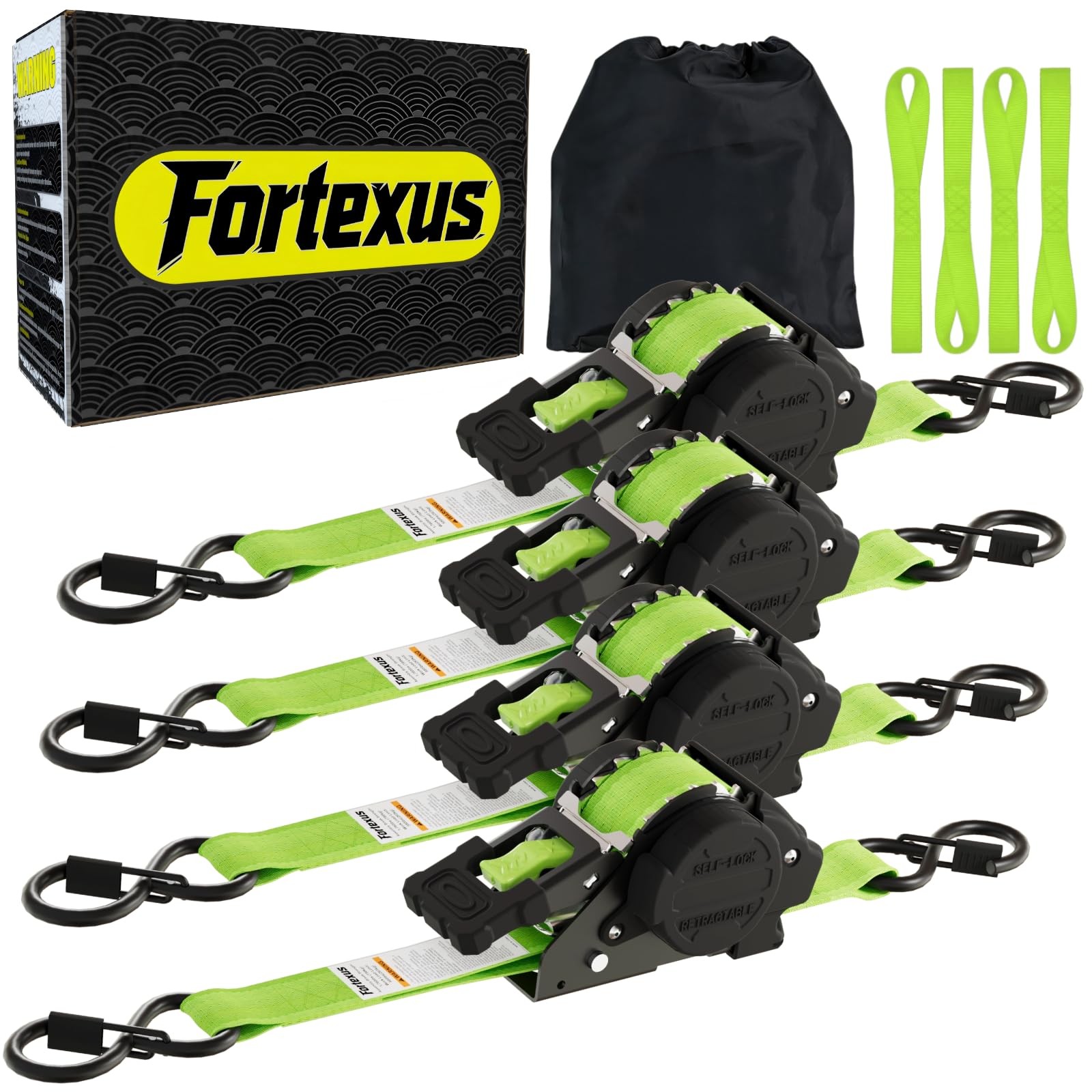 Ratchet Straps Retractable 1 x 12 1760lb 4 Pack Neon Green Fortexus Downs Break