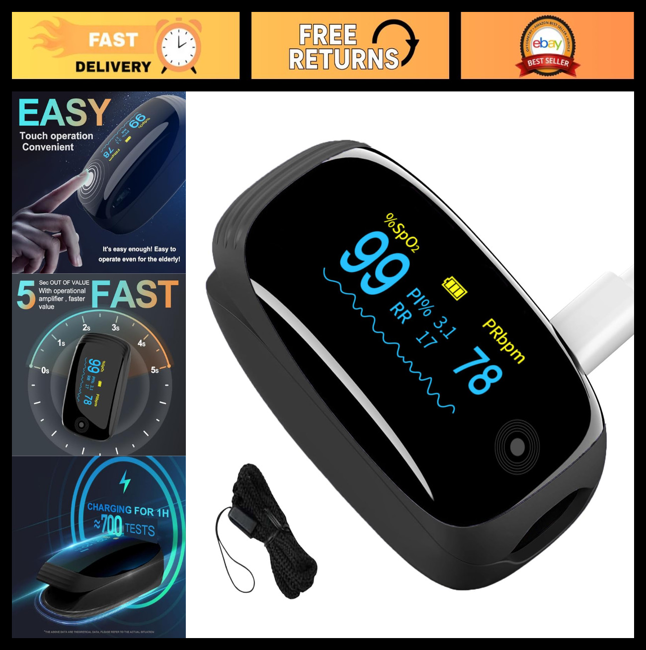 Fingertip Pulse Oximeter - SpO2, Heart Rate, Respiration Rate Monitor, Rechargea