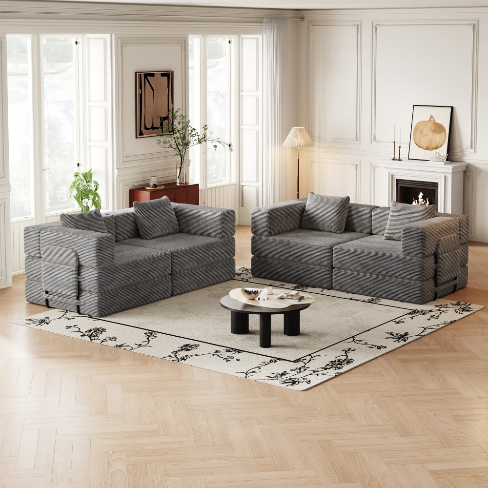 4-Seat Storage Sofa Bed w/ Cushions - Grey Corduroy Fabric