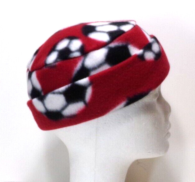 CHILD SIZE    RED   SOCCER     POLAR  FLEECE ROLL BRIM WINTER HAT STRETCHY h88cr
