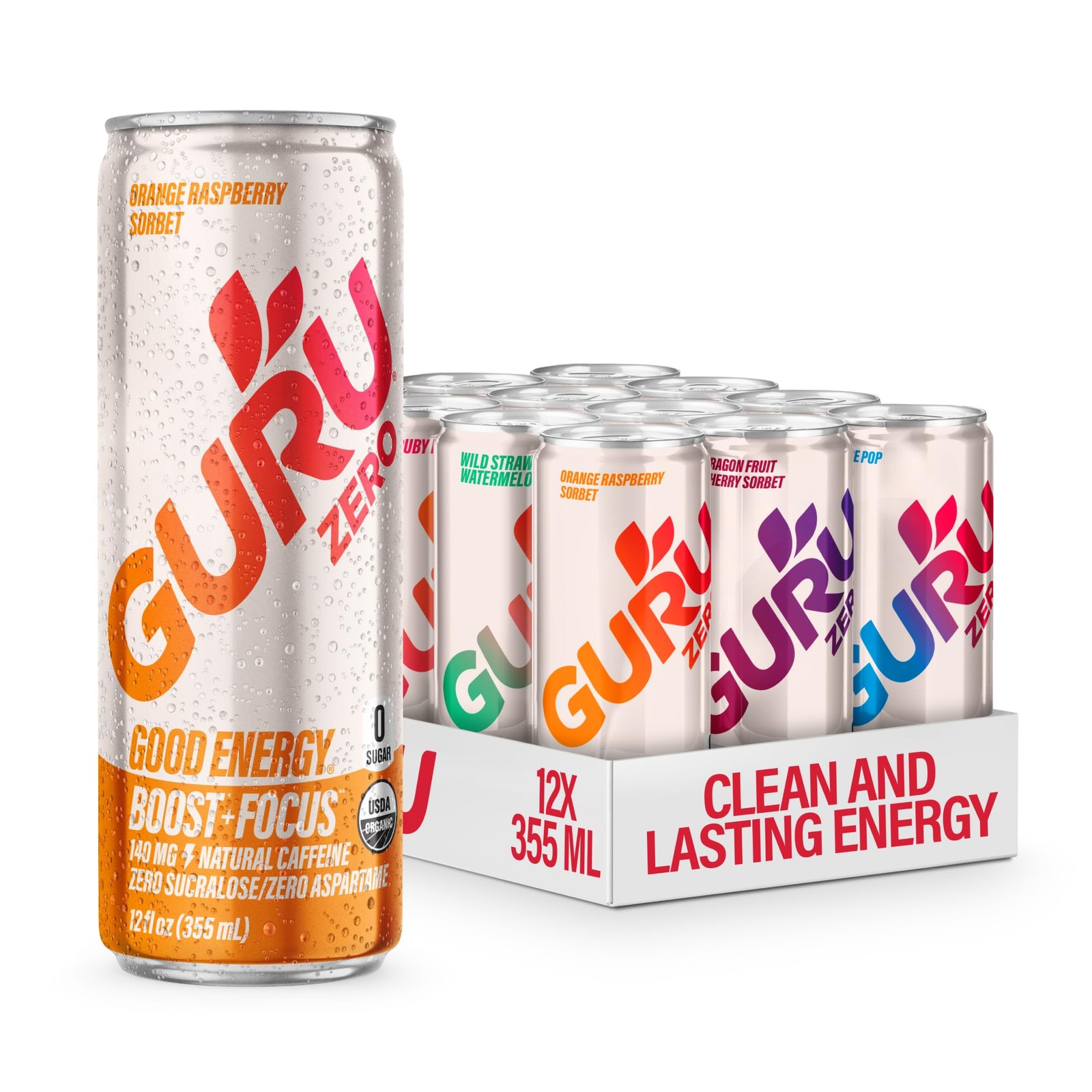 GURU ZERO SUGAR Organic Energy Drinks Variety Pack, 12 Fl Oz (Pack of 12)