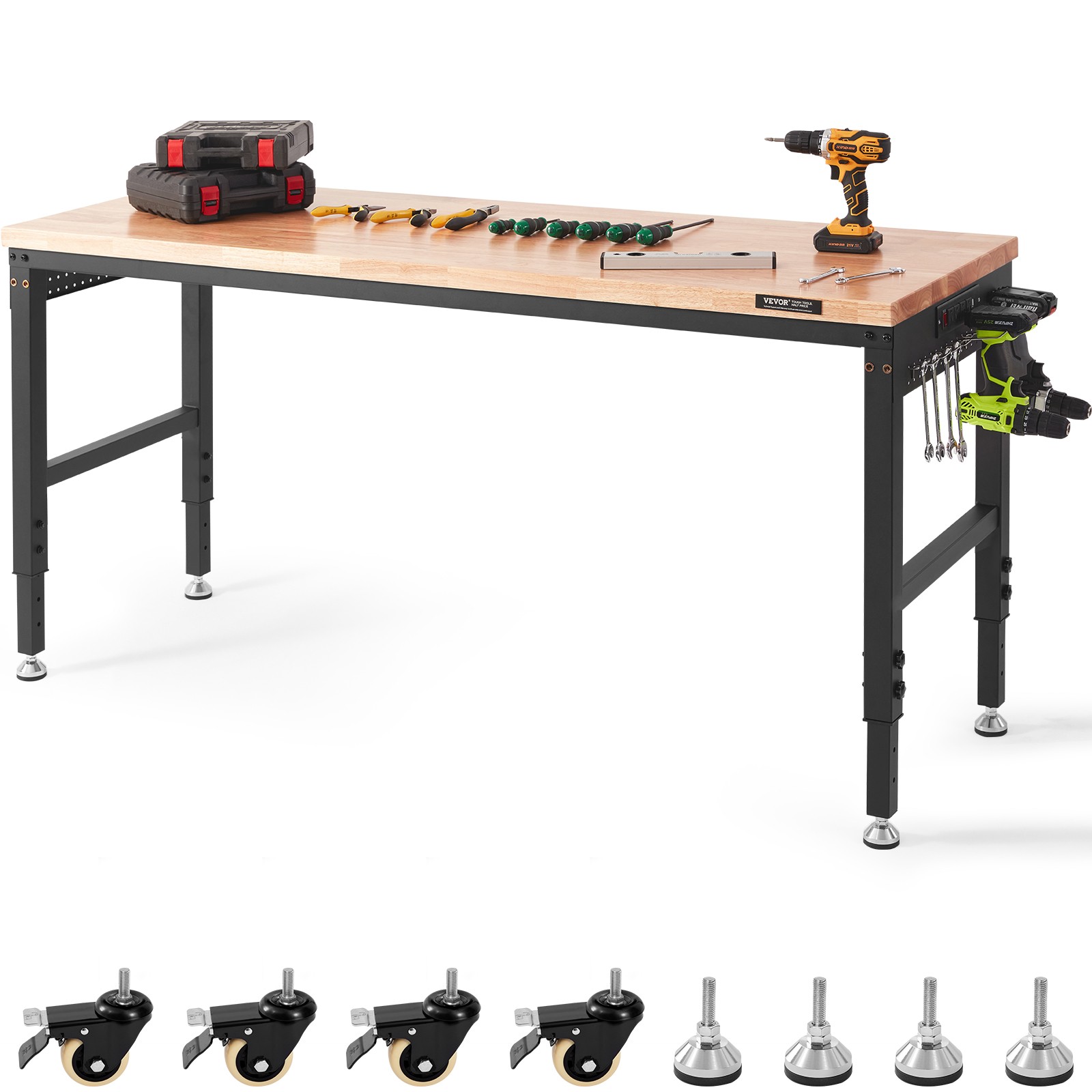 VEVOR Adjustable Height Workbench 72"L x 25"W Work Bench Table w/ Power Outlets