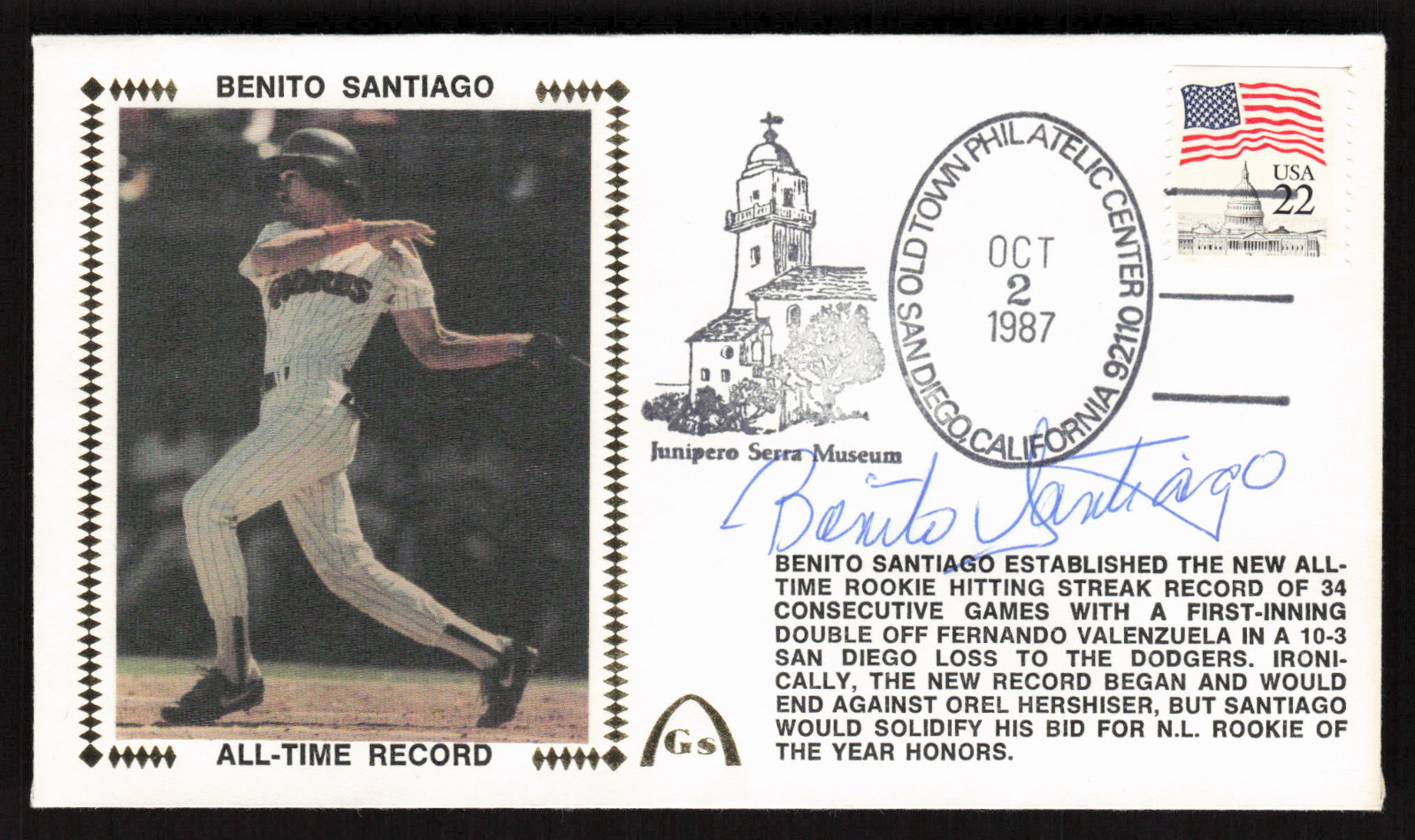 Benito Santiago Autograph Signed Gateway Cachet All Time Record Auto FDC PADRES