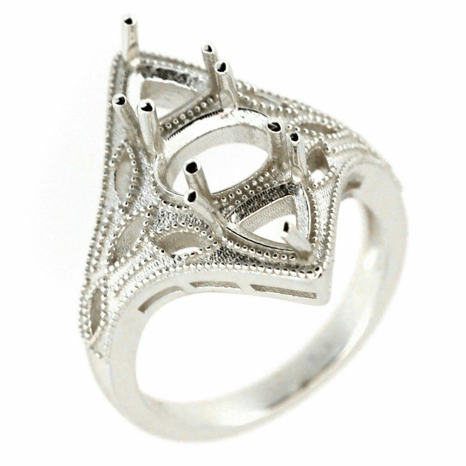 Sterling Silver Semi Mount Ring Setting Oval OV 8x6 Tri 5x5mm Art Deco Style