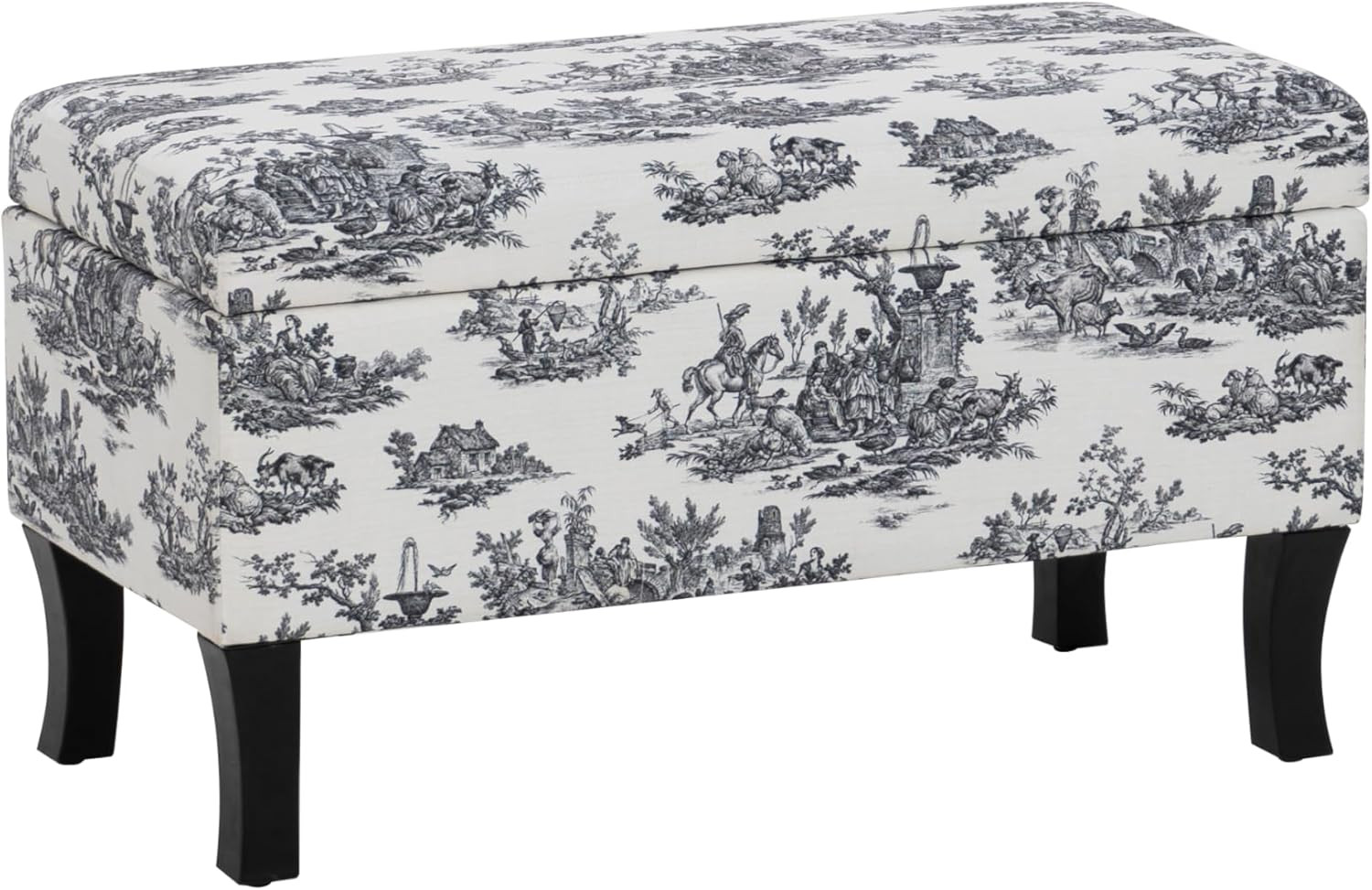 Elegant Black and White Toile Upholstered Bench with Hidden Storage