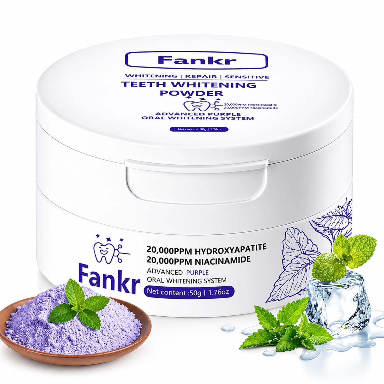 Teeth Whitening Powder with 20,000ppm Hydroxyapatite & Niacinamide, 1.76 oz