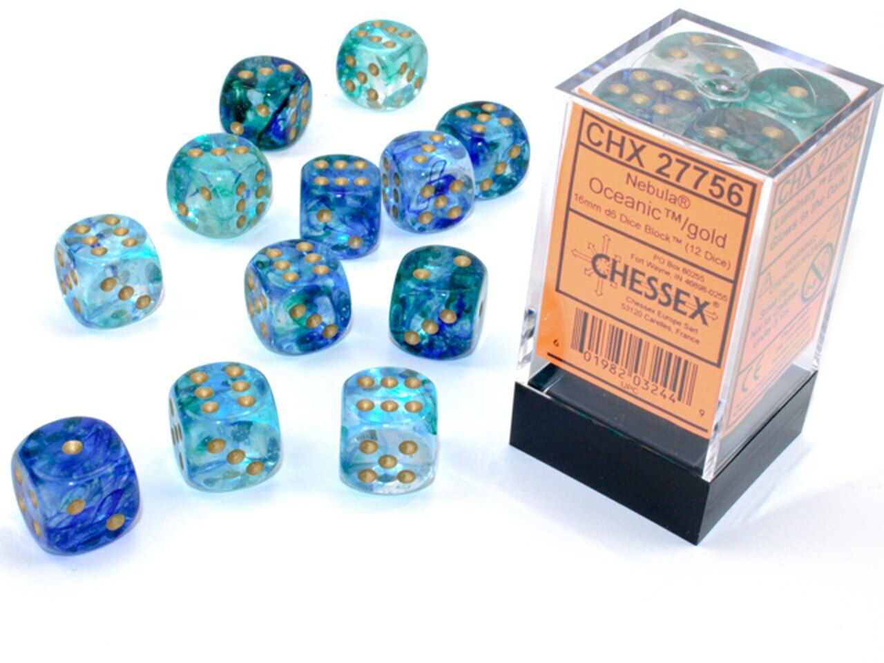 Chessex Nebula Oceanic with Gold 12 Dice Set - 6 Sided 16mm d6 - Luminary/Glow