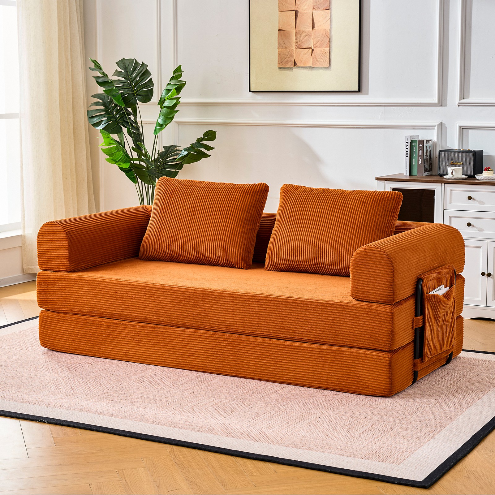 Convertible Sleeper Sofa Bed with Cylindrical Pillow - Corduroy Folding Mattress
