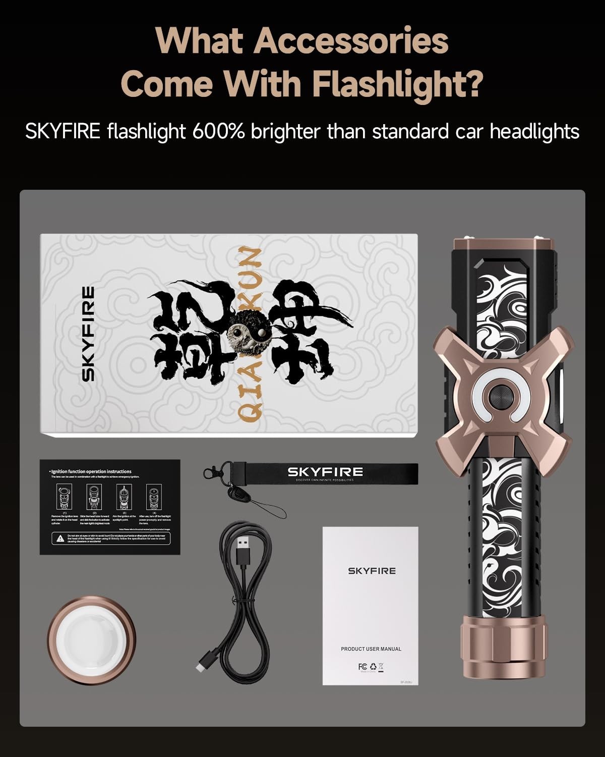 SKYFIRE 4000 Lumens Rechargeable Tactical LED Flashlight USB-C Zoomable IPX6