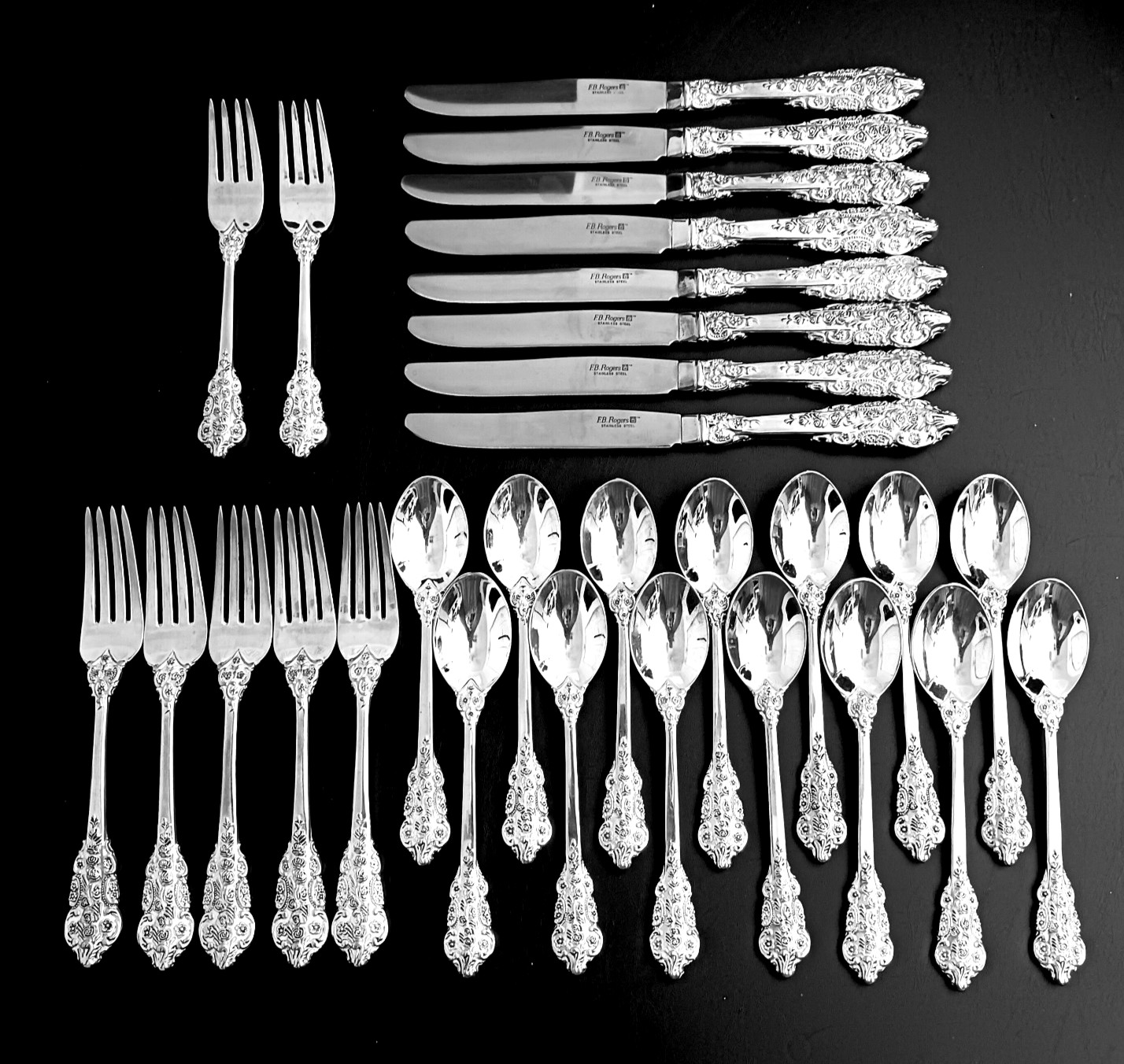 F.B. Rogers GRAND ANTIQUE Silverplate Flatware 29 Pc Lot Forks Teaspoons Knives