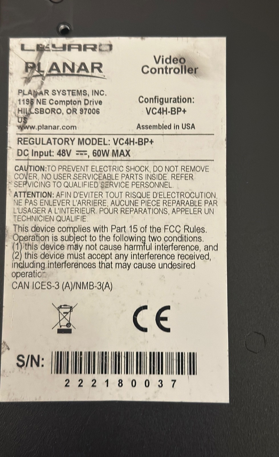 Video Controller Planar Leyard VC4H-BP+ 750-2172-03 (No Power cable)