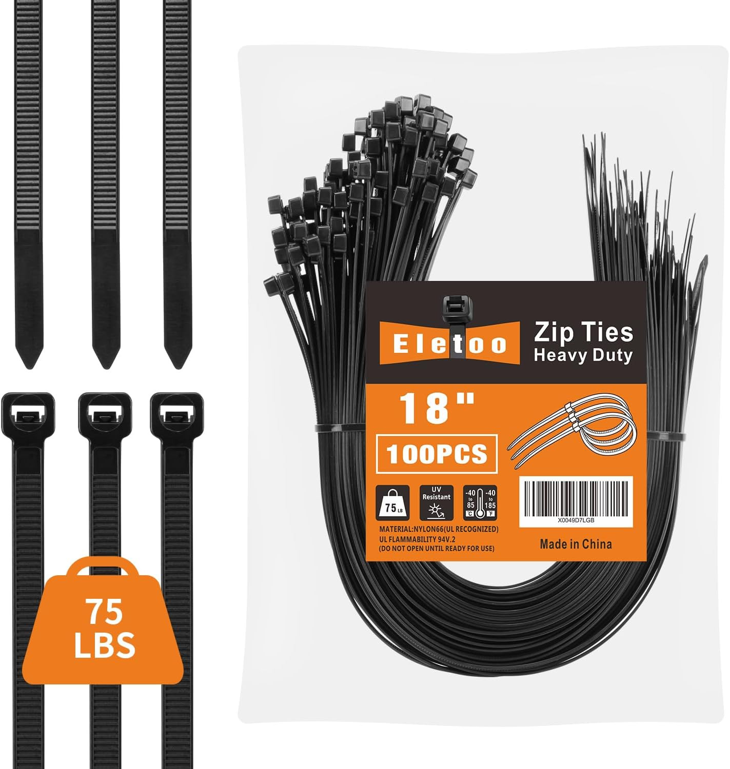 100PCS 18 Inch Black Zip Ties Heavy Duty, 75LBS Tensile Strength, Self-Locking H