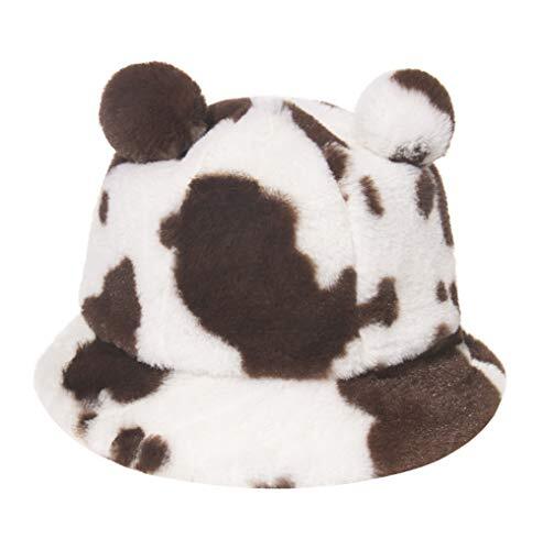 Newfancy Women Milk Cow Print Faux Fur Bucket Hat with Pom One Size, Coffee