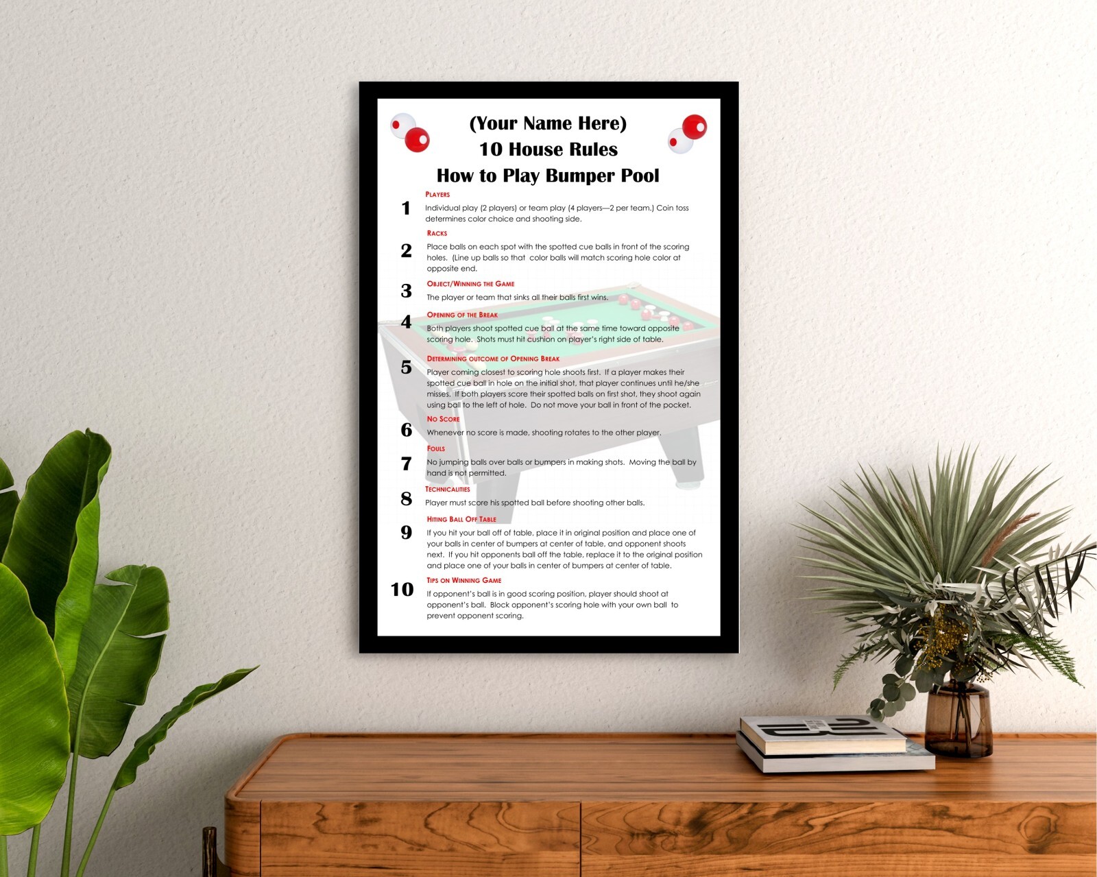 PERSONALIZED BUMPER POOL 10 HOUSE RULES CUSTOM FRAMED ART POSTER