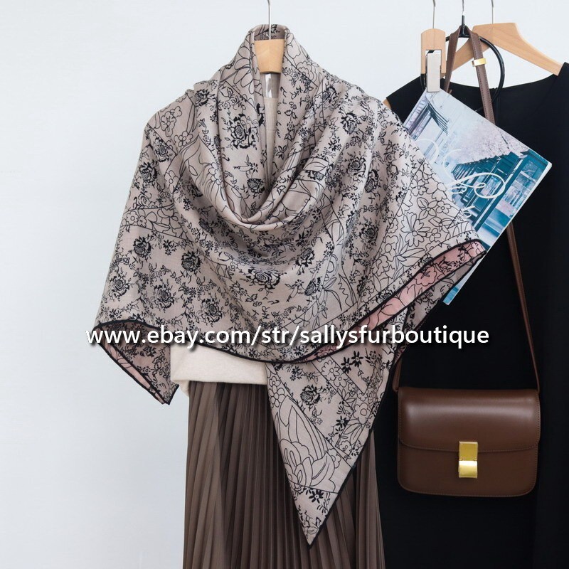 Sallys 75% Cashmere & 25% Silk Wrap Scarf Florals Print Double Face Shawl 53"