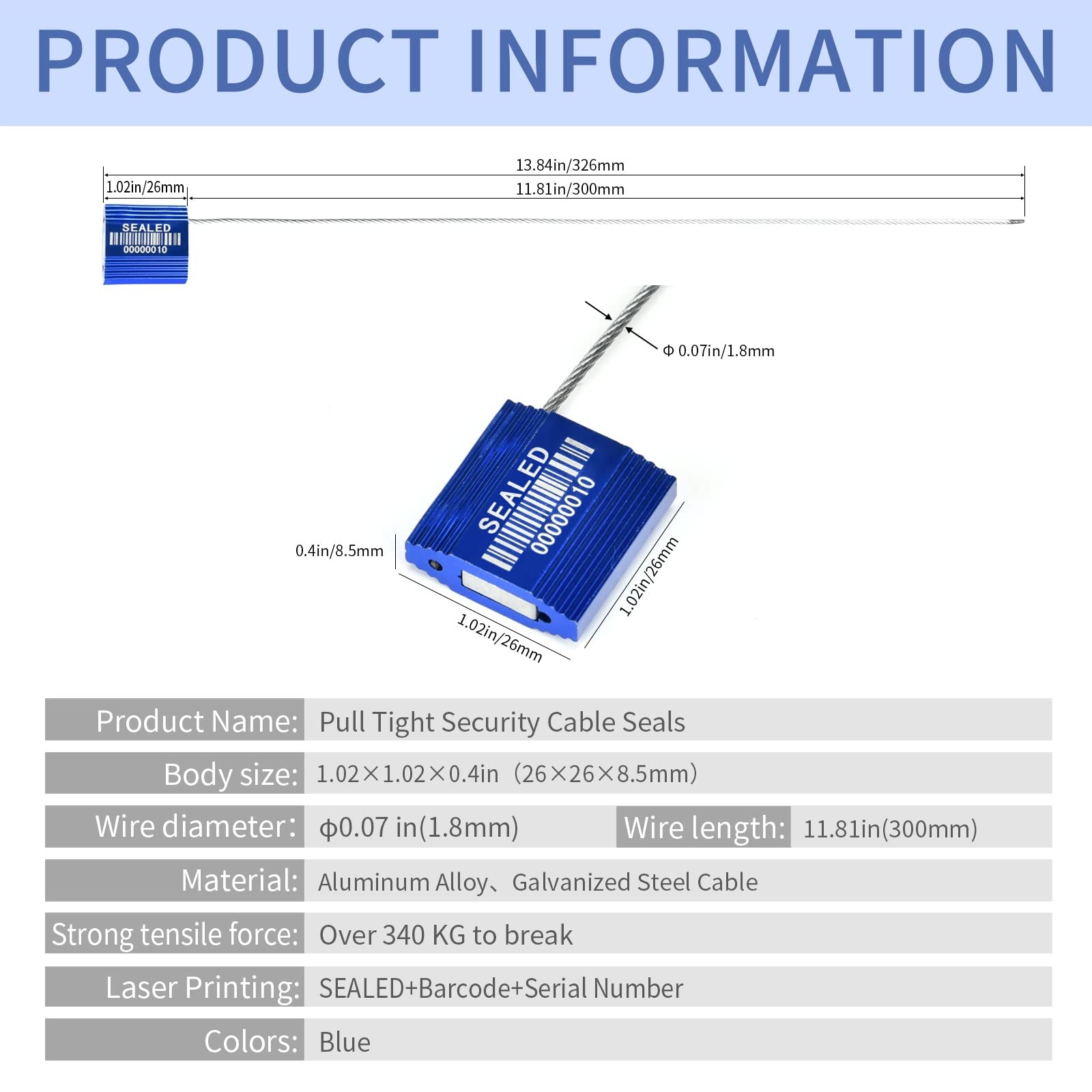 LeadSeals 50 Blue High Security Cable Seals With Barcode - Pull Tight Numbere...
