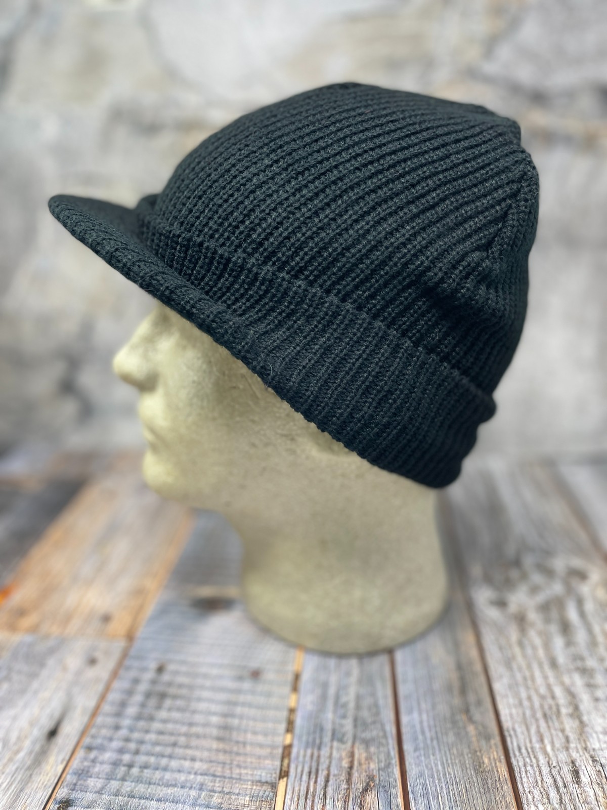 Solid Black Billed Cap Knit Beanie Visor Winter Hat Radar Military Tactical Brim