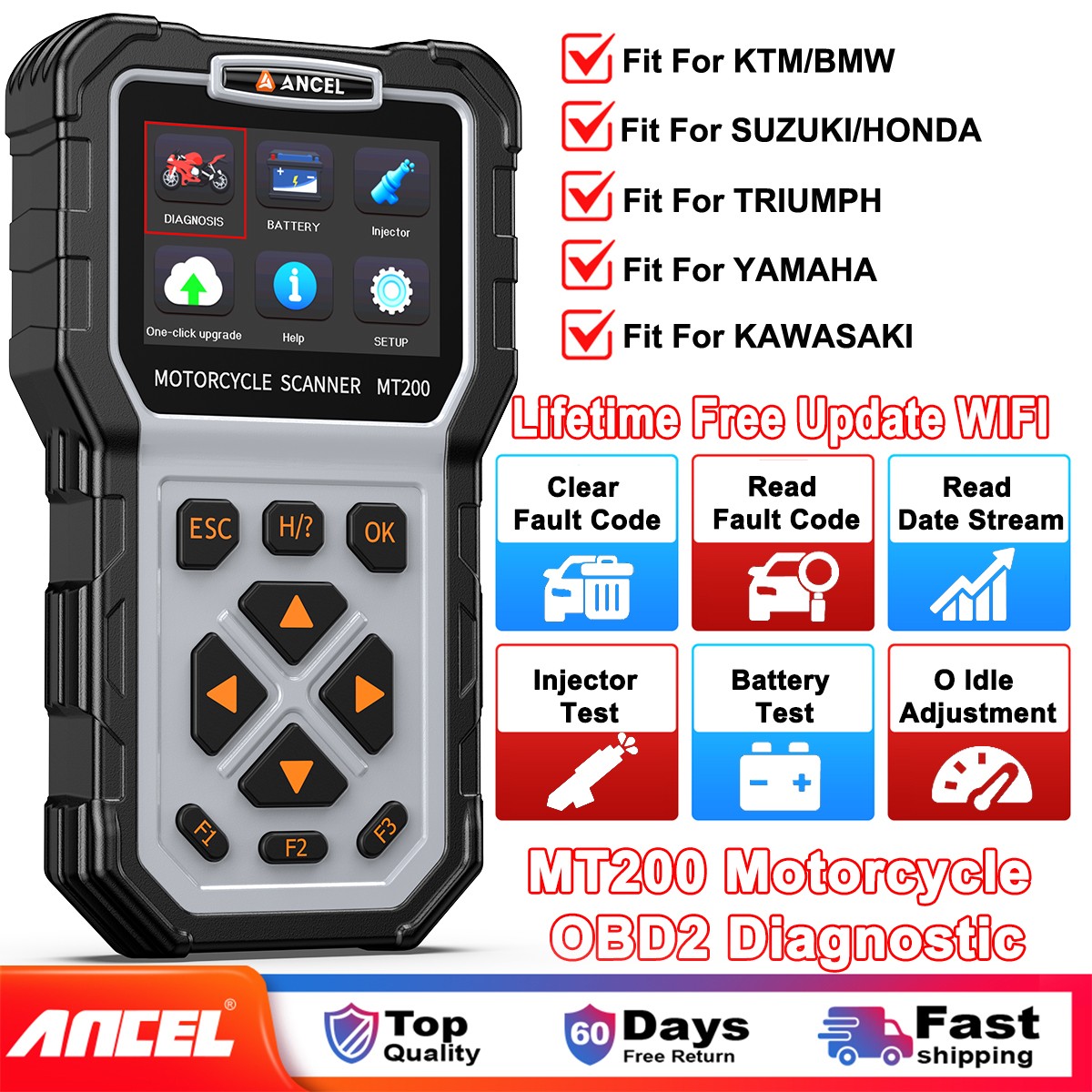 ANCEL MT200 OBD2 Motorcycle Scanner Full System Diagnostic Tool Battery Injector